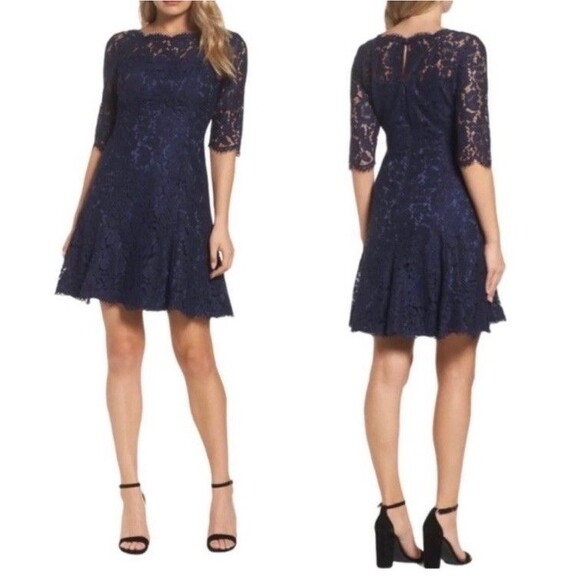 Eliza J Lace Tulip Dress Women's Size 12 Fit & Flare Navy Blue Cocktail Party - Picture 1 of 12